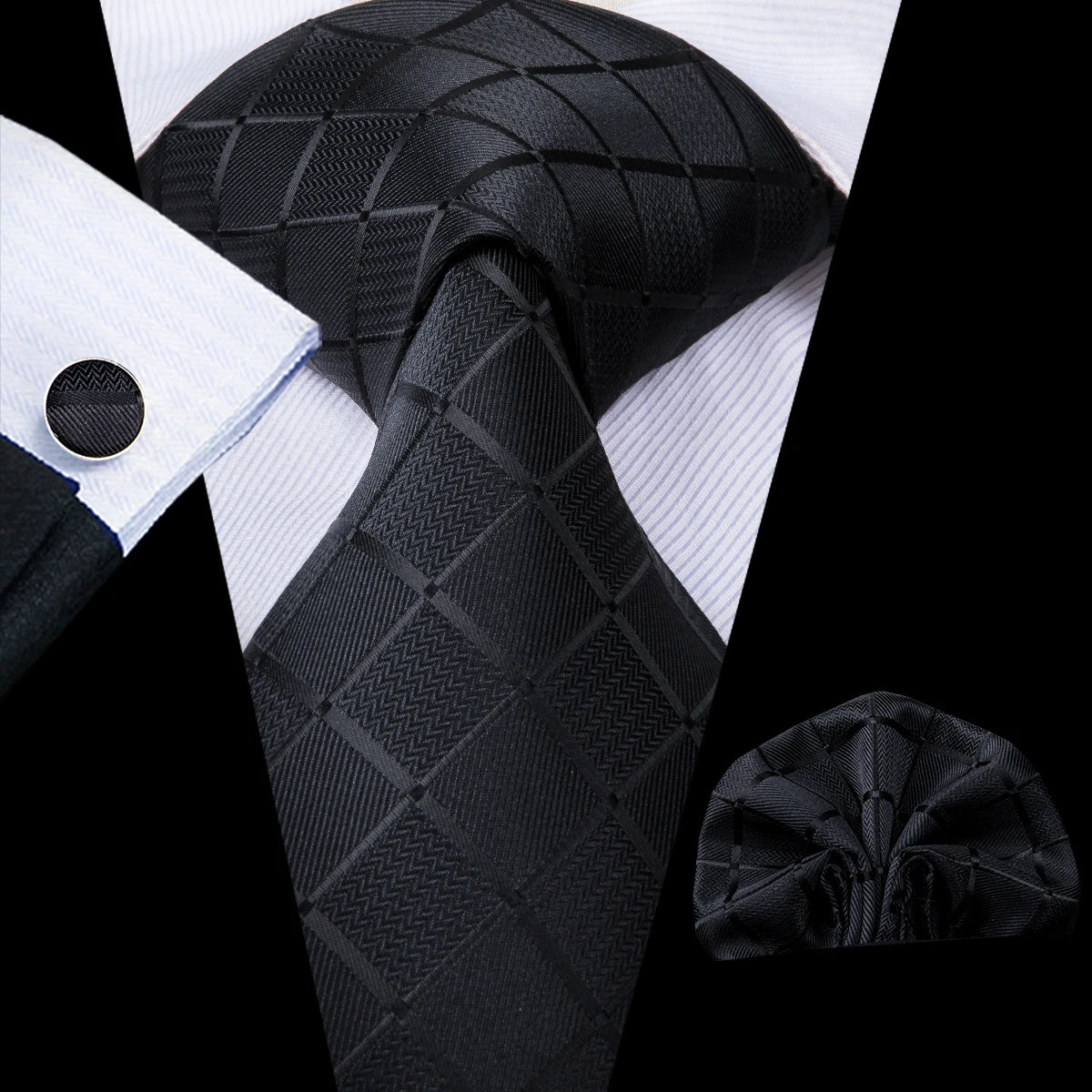 Barry.Wang Plaid Silk Men Tie Handkerchief Cufflinks Set Designer Jacquard Checked Necktie for Male Wedding Team Groomsman Corp