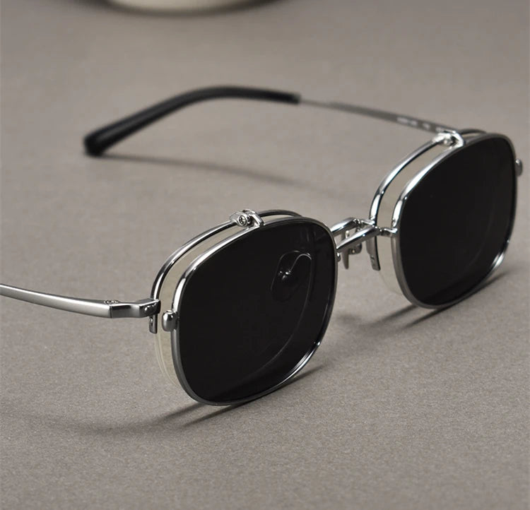 Vintage Titanium Square Glasses Frame with Flip Up Sunglasses Women Brand Designer Eyeglasses Men Trendy Semi Rimless Eyewear