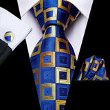 Hi-Tie Royal Blue Golden Fashion Mens Plaids Elegant Tie Set Jacquard Woven Necktie Hanky Cufflinks For Wedding Business Party