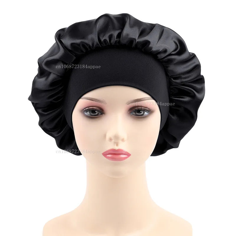 Women's Satin Solid Elastic Wide-brimmed Sleeping Hat Unisex Head Wrap Elastic Band Cap Hair Care Bonnet Night Hat bonnet
