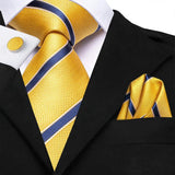 Luxury Yellow Blue Striped 2022 New Fashion Brand Ties for Men Wedding Party Necktie Set Handkerchief Cufflinks Gift Wholesale