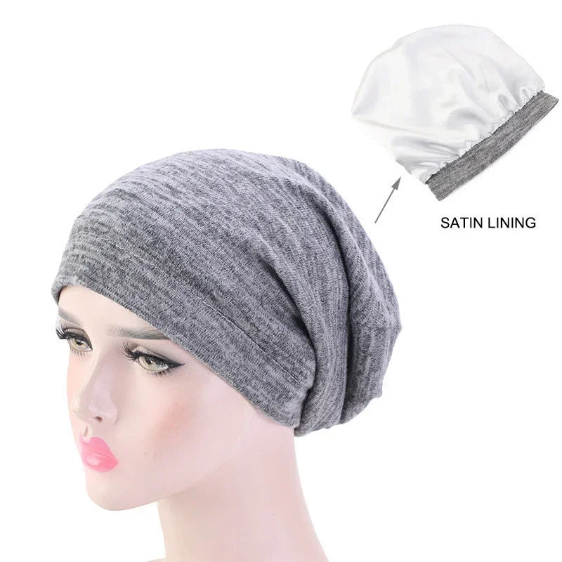 Women Men Sleeping Hat Baggy Beanie Satin Lined Night Unisex Sleep Cap Hair Care Bonnet Hair Loss Nightcap Pullover Hat Headwear
