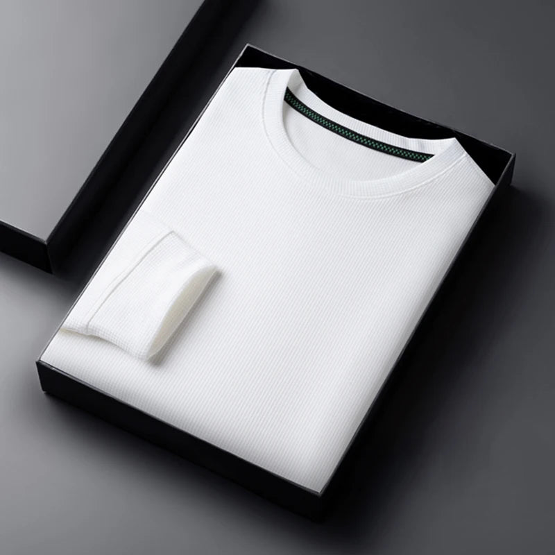 2024 Men's Casual Fashion Long Sleeved Round Neck T-shirt Waffle Comfortable Top