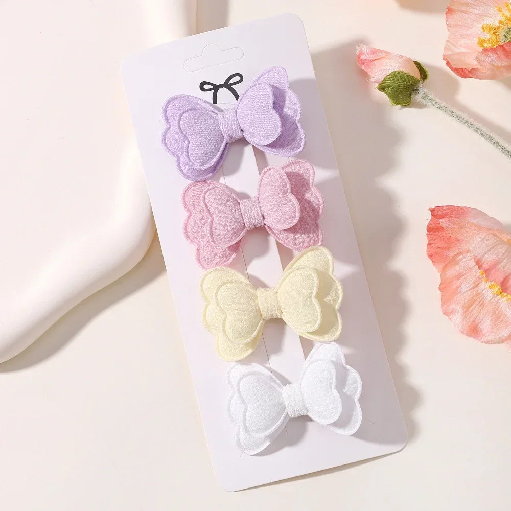 4Pcs/set Candy Colored Hair Clip Set for Girls Double Layered Bow Cute Bangs Hair Pin Cotton Safe Kids Baby Hair Accessories