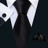 Business Black Silk Ties For Men Classic Solid High Quality Woven Pocket Square Cufflinks Sets Party Formal Designer Barry.Wang