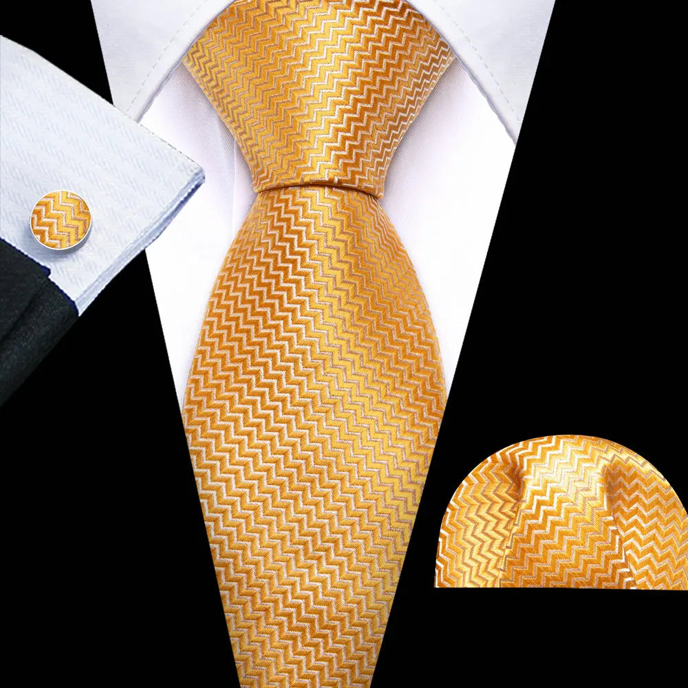 Classic Gold Silk Men Necktie Fashion Stripe High Quality Handkerchief Cufflinks Set Wedding Male Ties Business Party Barry.Wang