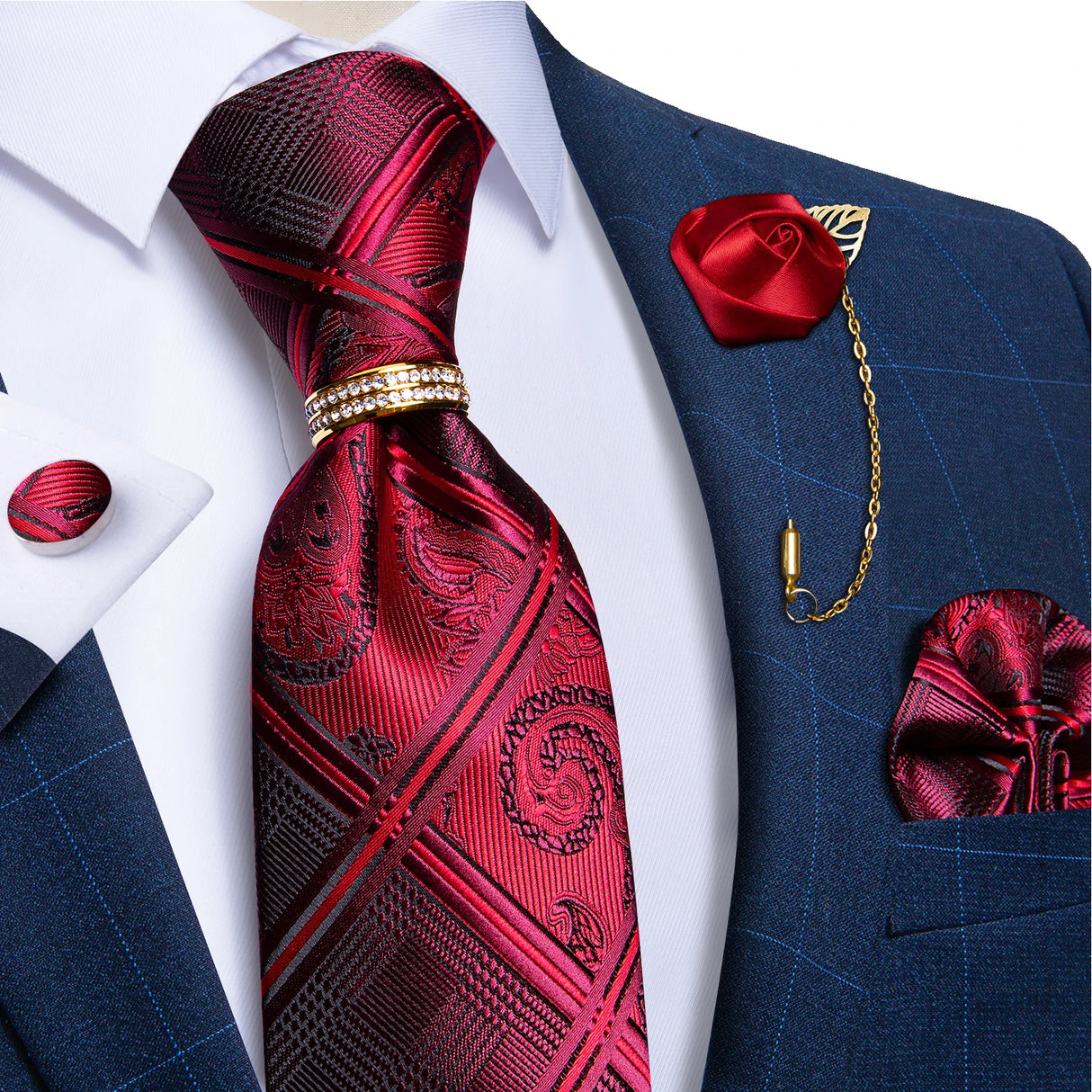 Luxury Red Solid Paisley Silk Ties for Men with Tie Ring Brooch Pin Wedding Party Men Accessories Handkerchief Cufflinks Gift