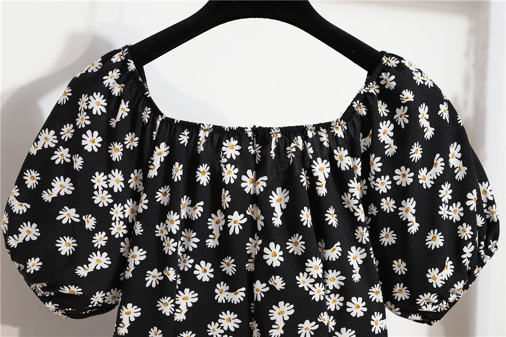 Mini robes d'été pour femmes, mode féminine, imprimé floral, en mousseline de soie, froncée, manches courtes bouffantes, robe décontractée