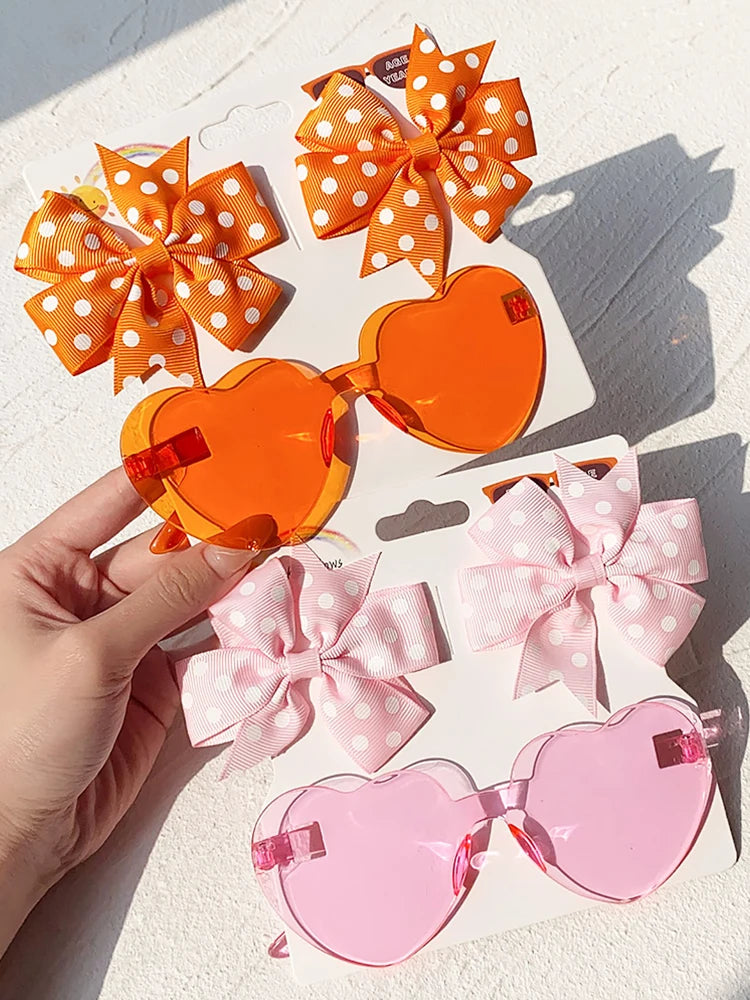 3Pcs/set Cute Solid Kids Dot Hairpin Colorful Heart Sun Glasses Set Girls Boutique Bowknot Hair Clips Children Hair Accessories