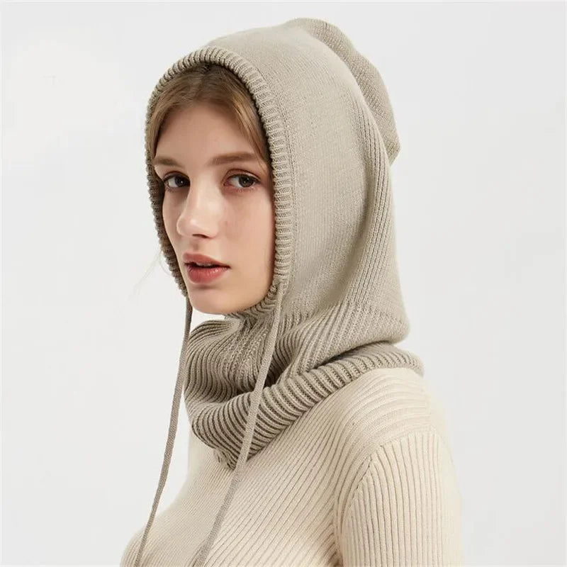 Winter Womens Hats Unisex Knitted Hooded Neck Collar Cap Beanie For Men & Women Drawstring One-Piece Hats Warmer Balaclava Cap