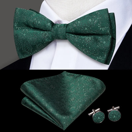 Hi-Tie Christmas Green Bow Ties for Men Silk Butterfly Tie Bow Tie Hanky Cufflinks Set Wedding Party Paisley Plaid Solid Bowtie