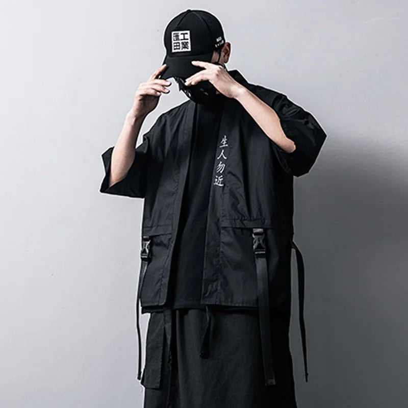 Men's Taoist Robes Japanese Harajuku Techwear Short-sleeved Women Men Shirt Thin Streewear y2k Ribbons Casual Baggy Clothes