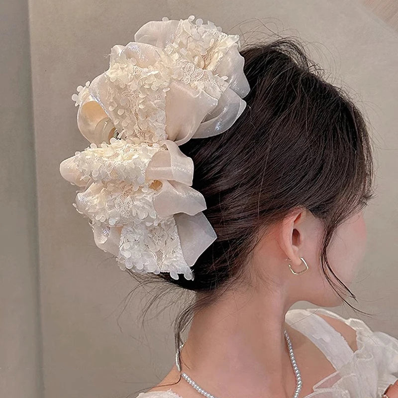 Elegance Temperament Large Claw Clip Multilayer Bow Black Fabric Ribbon Claw Jaw Clips Ponytail Hairpin Women Hair Accessories