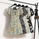 Mini robes d'été pour femmes, mode féminine, imprimé floral, en mousseline de soie, froncée, manches courtes bouffantes, robe décontractée