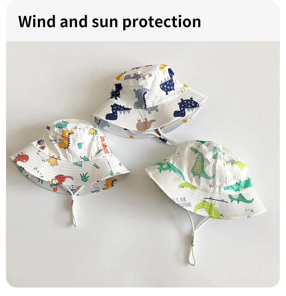 Cartoon Printing Baby Bucket Hat Cotton Breathable Kids Fisherman Hat Infant Toddle Sun Hat With Drawstring