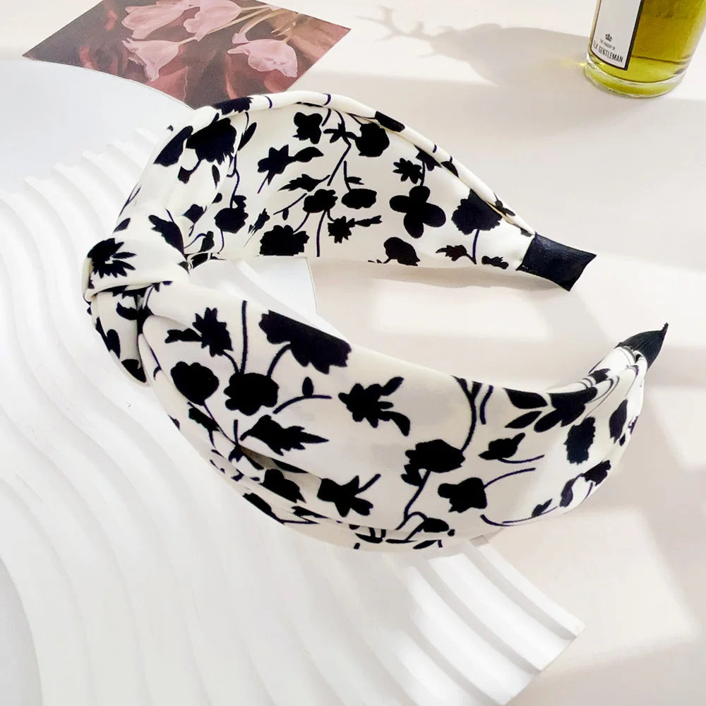 Elegant Floral Black White Hairbands for Women Girls Wide Edge Soft Hair Hoops Big Bowknot Cross Headband Hair Styling Tool Gift