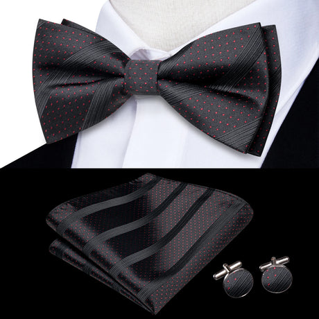 Hi-Tie Black White Silver Grey Brown Silk Mens Bow Tie Hankerchief Cufflinks Set Pre-tied Butterfly Knot Adjustable Bowtie Male