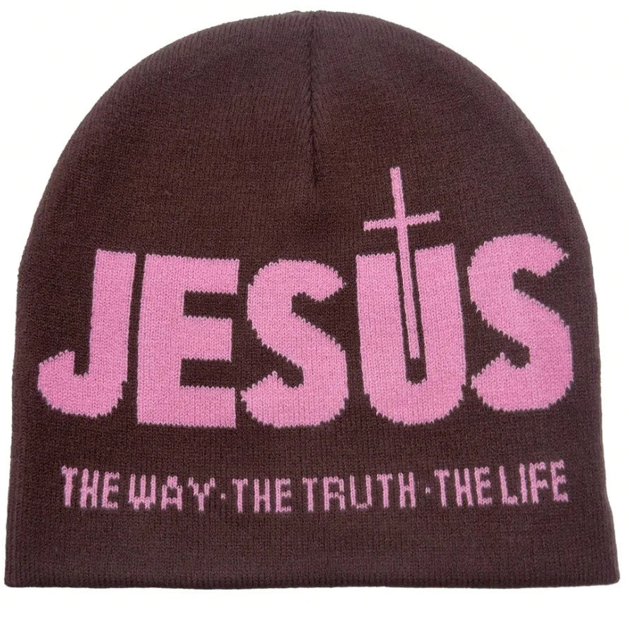 Knitted "JEsUs" letter inlaid bean hat, men's and women's warm winter casual hat, daily wear and outdoor activities