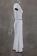 2024 Summer Women White long Skirt Suit Short Sleeve V-neck crop top pleated set elegant dress 2 piece skirt set Plus Size S-3XL