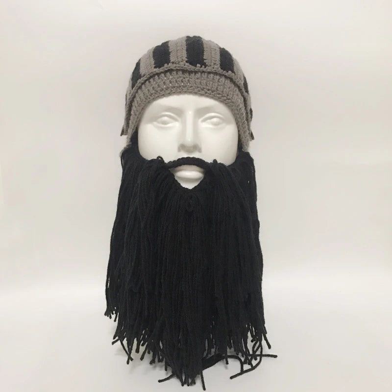 Red Tassel Cosplay Roman Knight Knit Helmet Men Cap Original Barbarian Handmade Winter Warm Beard Hats Funny Beanies Party Gifts