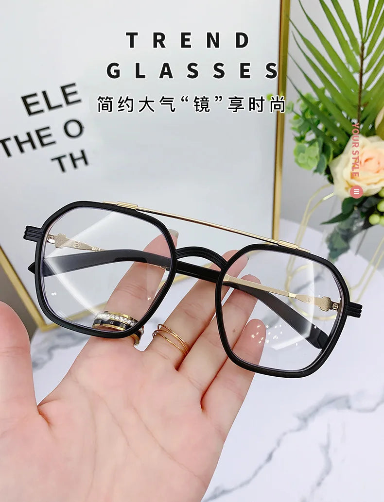 Blue Light Blocking Eye Protection Myopia Eyeglasses Fashion Double Beam Metal Glasses Women Trend Retro Plain Face Eyewear Men