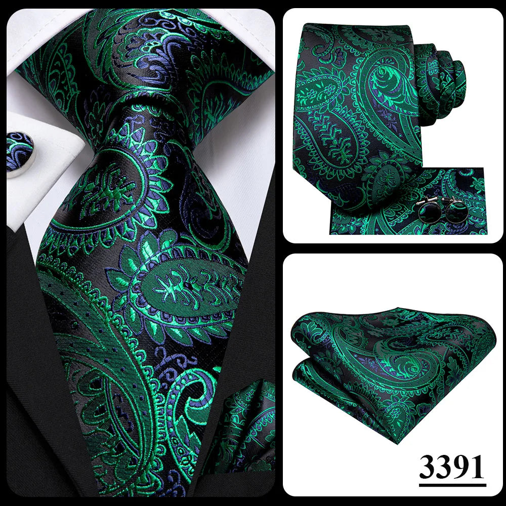 Hi-Tie Dark Green Floral Paisley Silk Wedding Tie For Men Handky Cufflink Gift Men Elegant Necktie Fashion Business Party