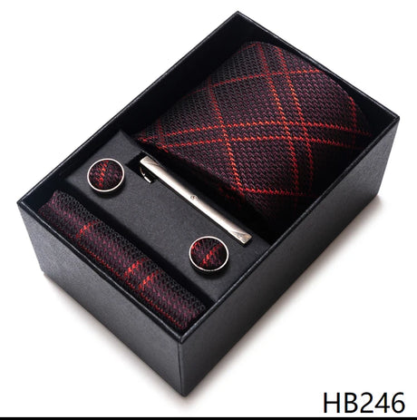 65 Colors Fashion Tie Handkerchief Set Tie Clip Necktie Box Man's Shirt Dark Red  Accessories Men Wedding Holiday  Gift