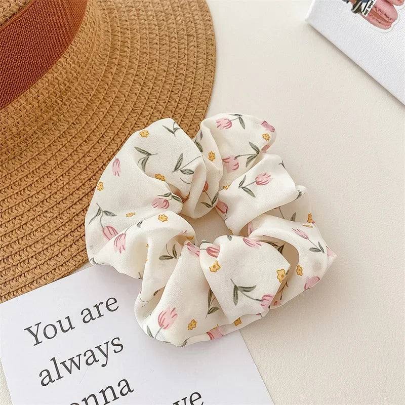 2 Pcs Korean Hair Accessories Women Small Fresh Fabric Flower Printing Elastics Hair Band Scrunchies Hair Tie Girl Ponytail Hold