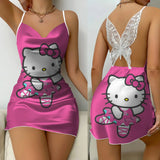 Mini Dress Pajama Skirt Hello Kitty Sexy Dresses Off Shoulder Bow Knot Satin Surface Womens Fashion Summer 2024 Short Party Lace
