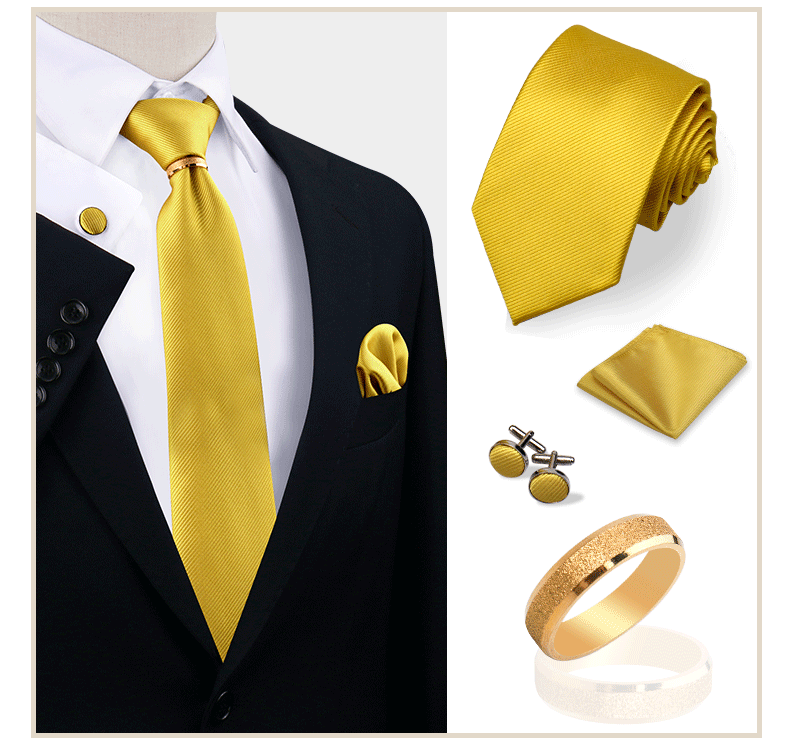 Luxury Solid Silk Ties Set For Men Necktie Handkerchief Cufflinks With Gold Metal Ring Brooch Suit Wedding Party Men Accessories