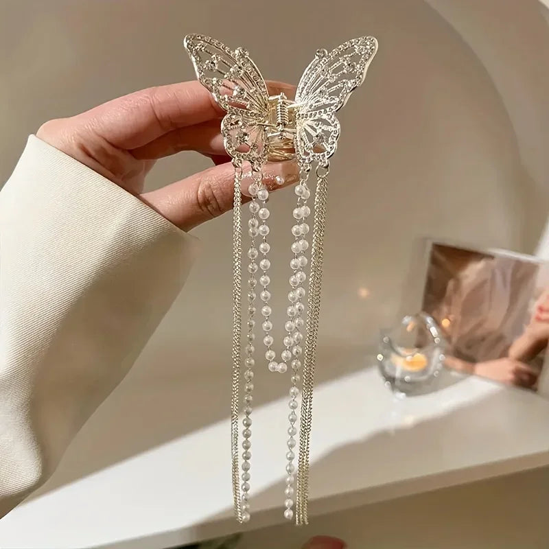 1 Pcs Full Diamond Hollow Butterfly Tassel Hair Accessories, Pearl Bead Chain Back Of The Head Grab Clip, Zinc Alloy Shark Clip