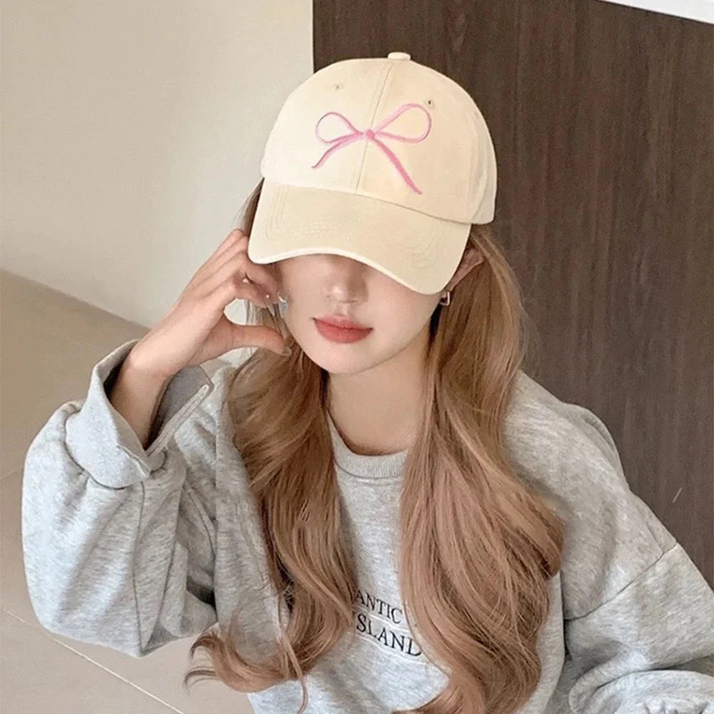 New Korean Bow Baseball Cap Women Y2K Pink Bows Embroidered Snapback Hat Summer Adjustable Soft Top Peaked Fashion Caps Gorras