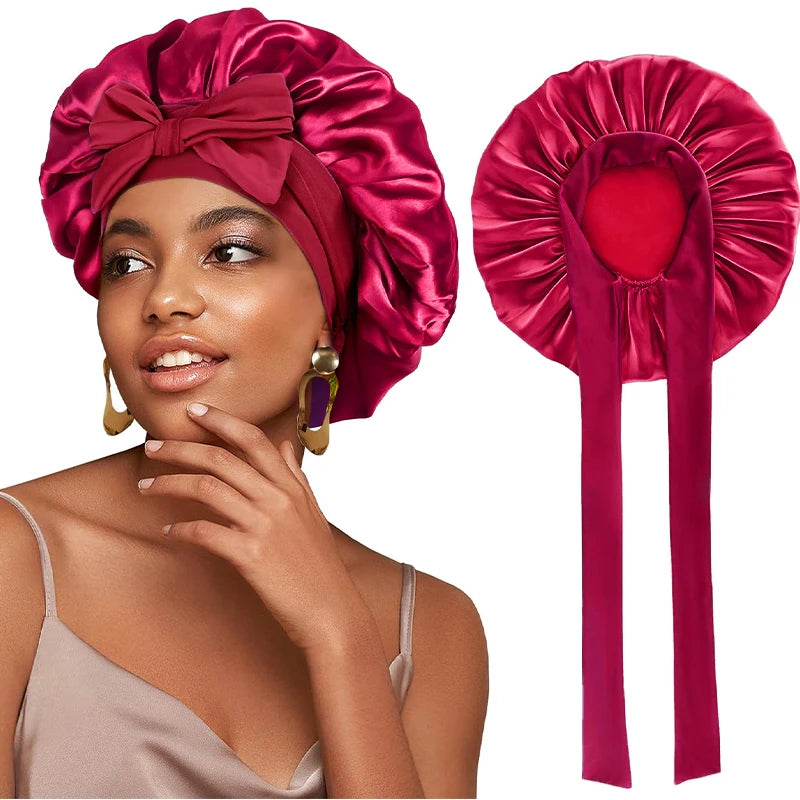 New Women Satin Bonnet Silky Sleep Cap Curly Hair Wrap For Sleeping Cap Adjustable Bonnets With Tie Band Nightcap Hair Care Cap