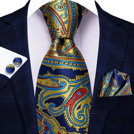 Hi-Tie Light Blue Gold Novelty Paisley Striped Silk Wedding Nicktie For Men Hanky Cufflink Tie Set Business Party Dropshipping