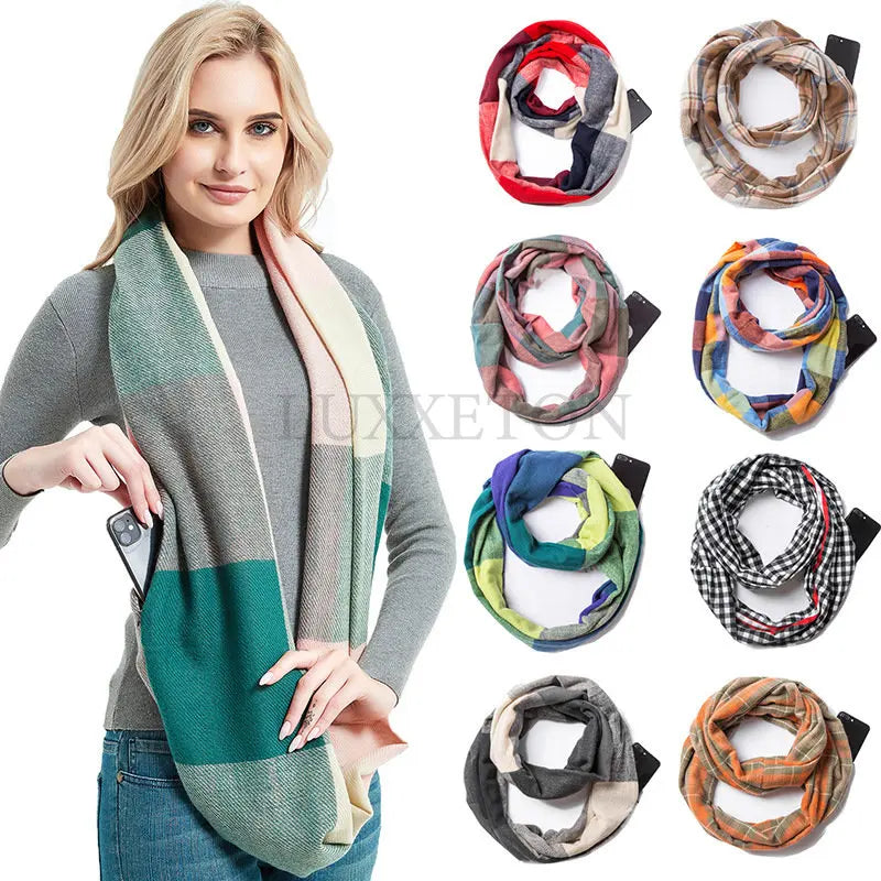 Women's Cashmere Checker Scarf Winter Warm Hidden Zip Pocket Scarf Women's Neck Warm Travel Ring Scarf