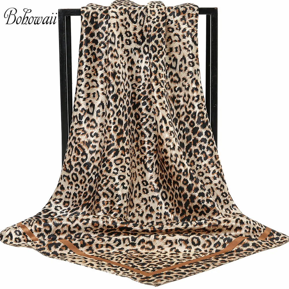 BOHOWAII Fashion Leopard Scarf Hijab Shawl Silk Feeling Hair Ties Satin Square Turbans Cheetah Animal Print Head Wrap Scarves