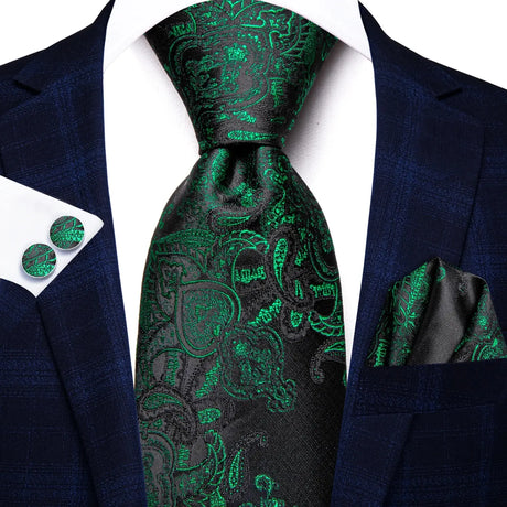 Hi-Tie Dark Green Floral Paisley Silk Wedding Tie For Men Handky Cufflink Gift Men Elegant Necktie Fashion Business Party