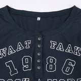 Black T-shirt Women Autumn Letter Print Streetwear Long Sleeves O-Neck Bodycon Sexy Top Button Fashion Casual Slim Tees Female