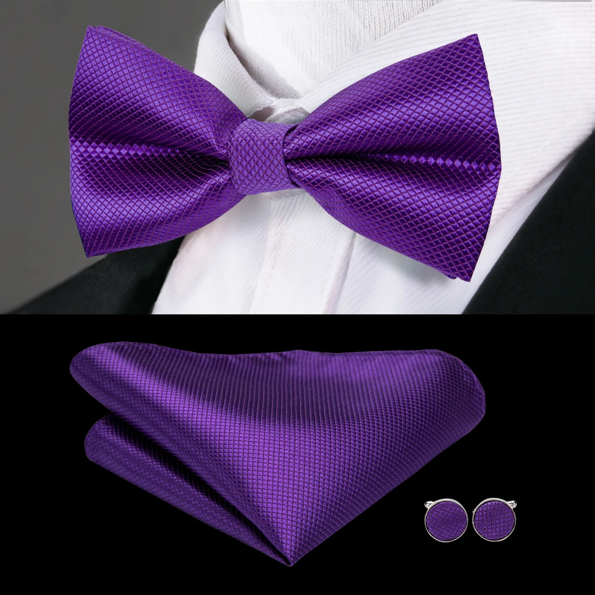 Dropshipping Solid Silk Mens Bow Tie Hanky Cufflinks Set Pre-tied Butterfly Knot Bowtie Wholesale for Male Wedding Business