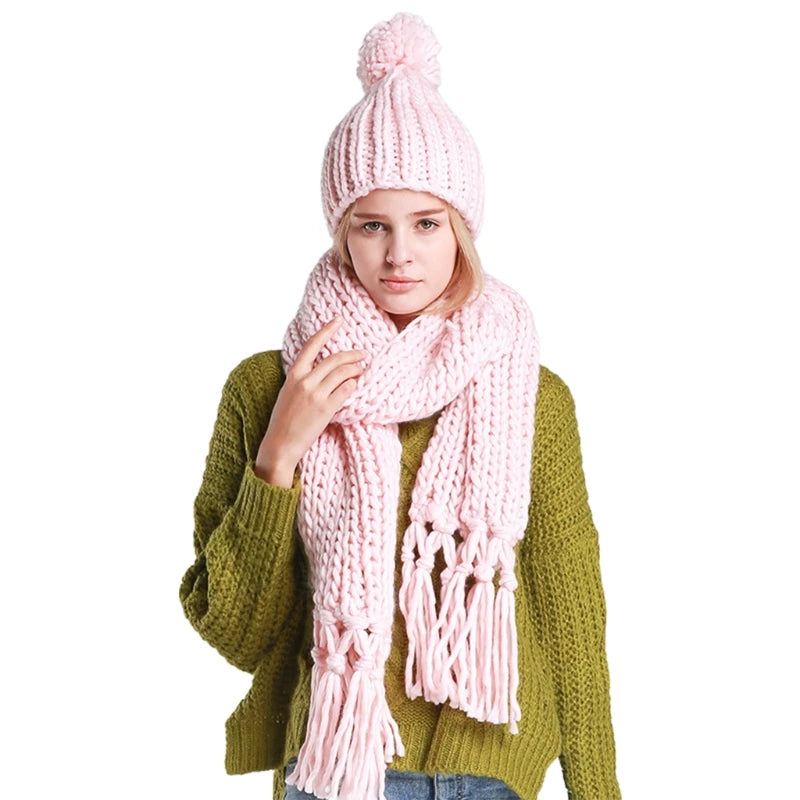 Women Winter 2Pcs Beanie Hat Tassels Long Scarf Set Solid Color Handmade Braided Cable Knit Skull Neck Warmer