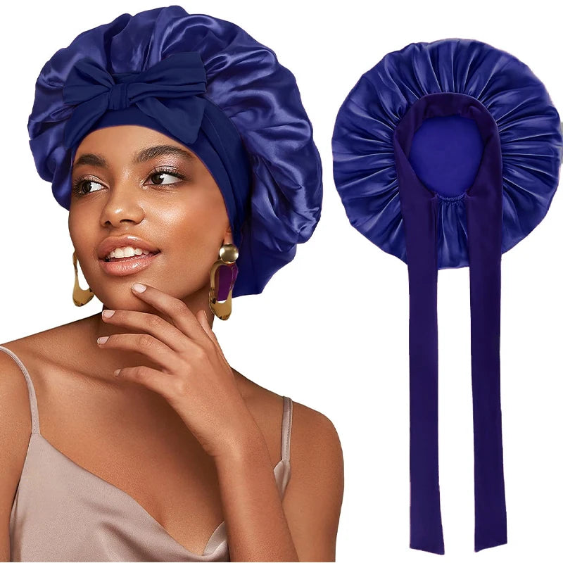 New Women Satin Bonnet Silky Sleep Cap Curly Hair Wrap For Sleeping Cap Adjustable Bonnets With Tie Band Nightcap Hair Care Cap
