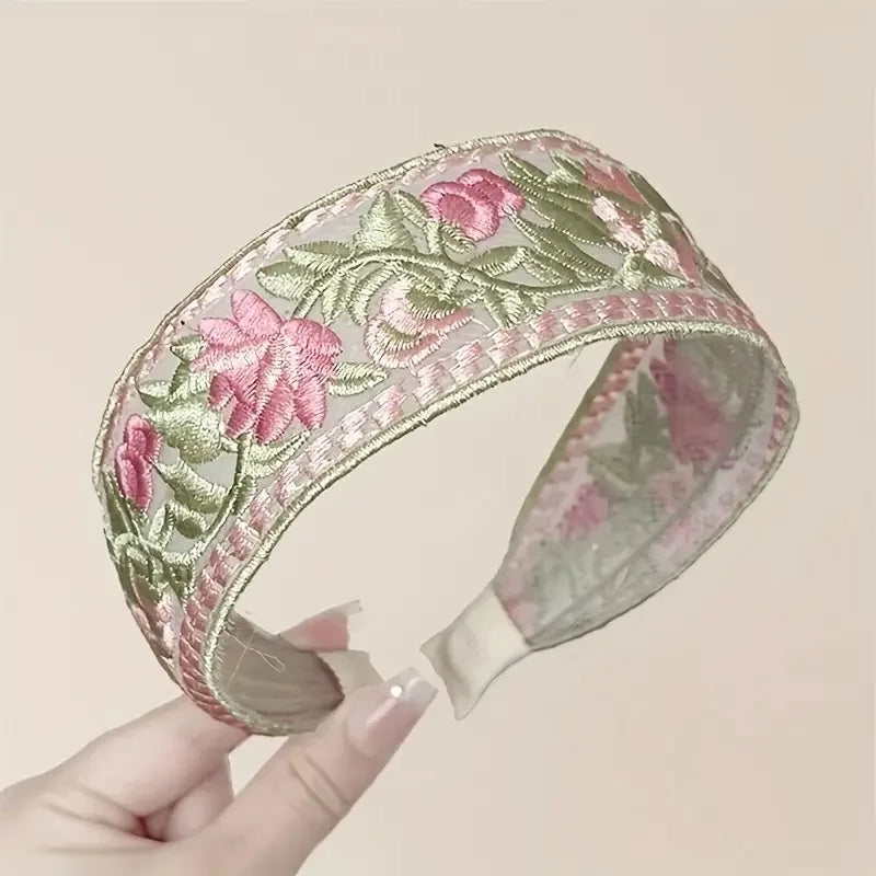 3Pcs Bohemian Embroidered Floral Headbands Wide Band Hair Accessories Vibrant Multicolor Flowers High-Quality Fabric for Women