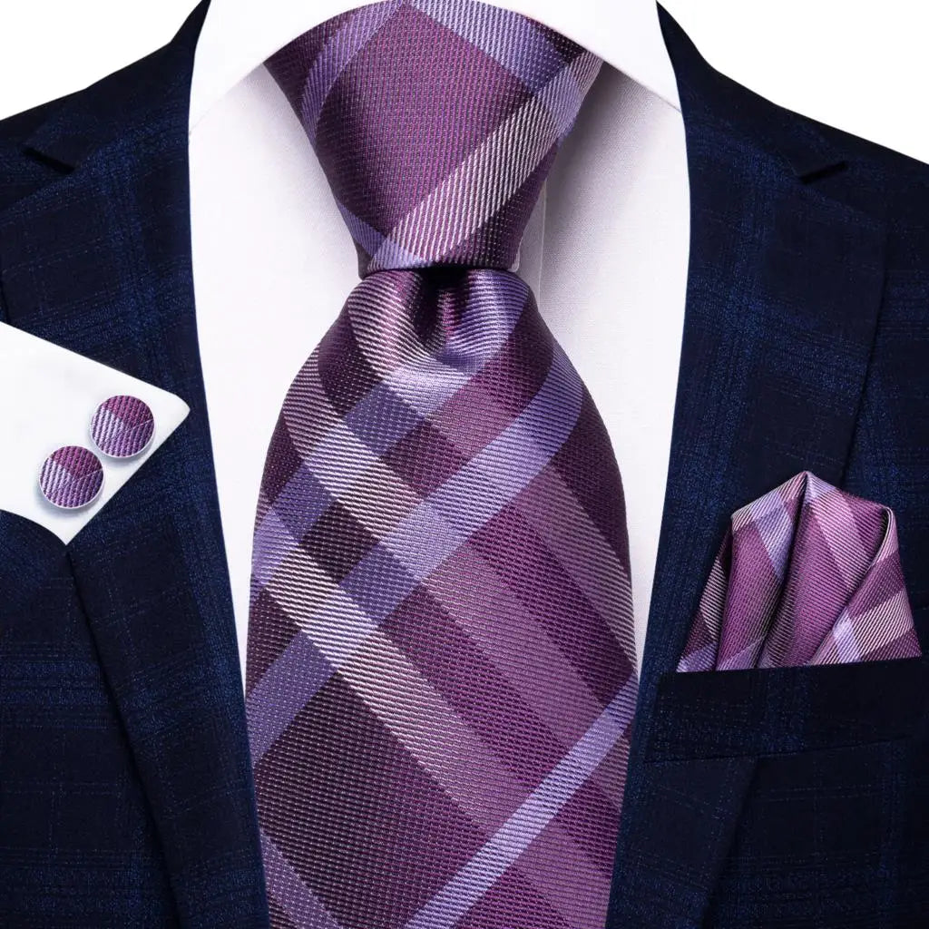 Hi-Tie Purple Lilac Floral Striped Silk Elegant Tie For Men Groom Wedding Men Necktie Pocket Square Cufflink Accessory Wholesale