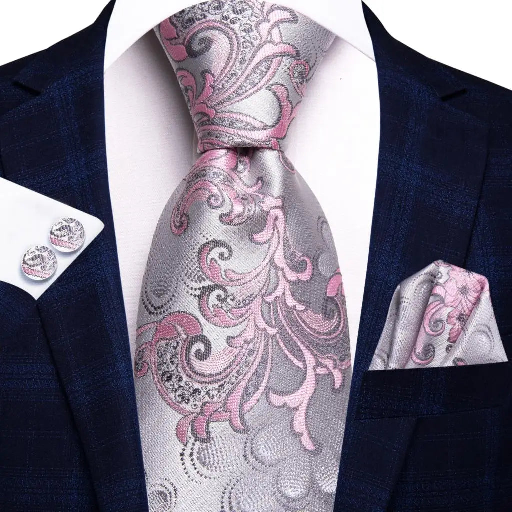 Hi-Tie Solid Rose Pink Coral Paisley Mens Silk Wedding Tie Fashion Design Necktie For Men Quality Hanky Cufflink Business Party