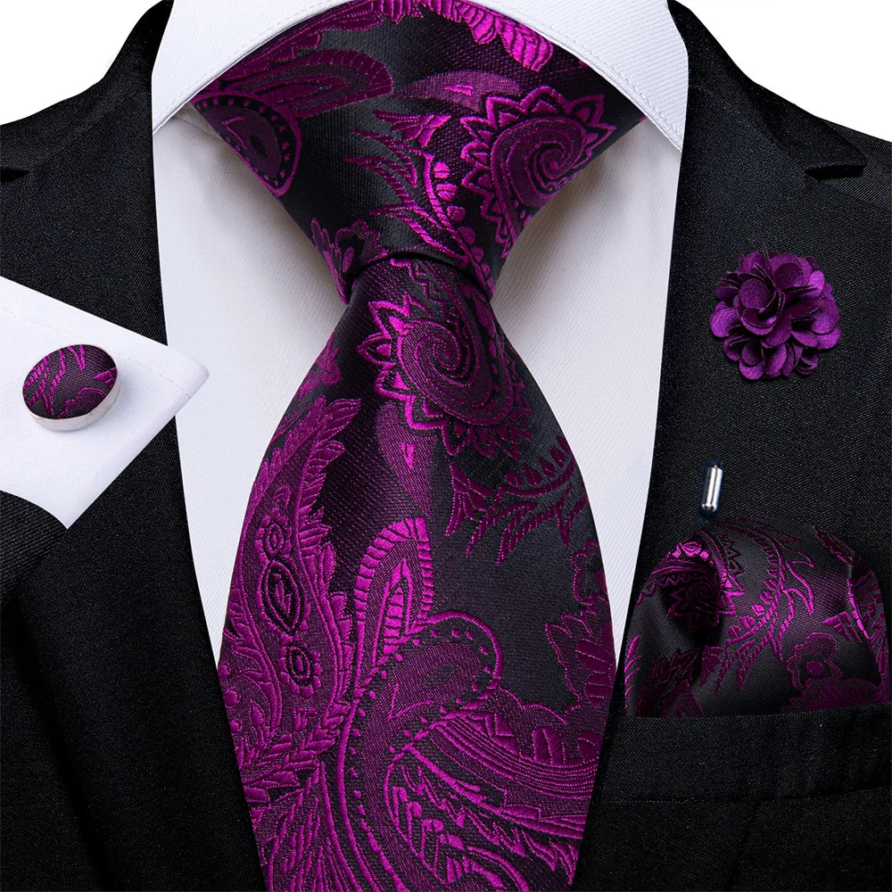 4Pcs Pink Paisley Folral Men Tie Pocket Square Cufflinks Brooch Pin for Wedding Party Groom Accessories 8cm Necktie Gift