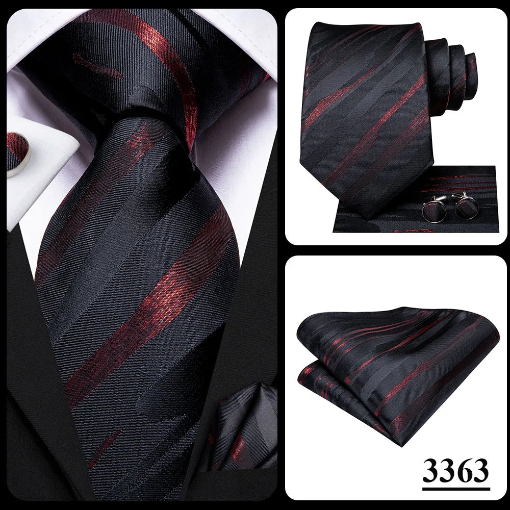 Black Red Striped Silk Wedding Tie For Men Handky Cufflink Gift Men Necktie Fashion Business Party Dropshiping Hi-Tie Designer