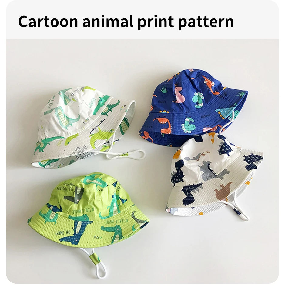 Cartoon Printing Baby Bucket Hat Cotton Breathable Kids Fisherman Hat Infant Toddle Sun Hat With Drawstring