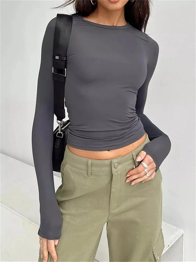 Long Sleeve T Shirt Women Autumn Winter Y2k Crop Top Casual Slim Fit Pullovers Solid O Neck T-shirts Streetwear Female Basic Tee