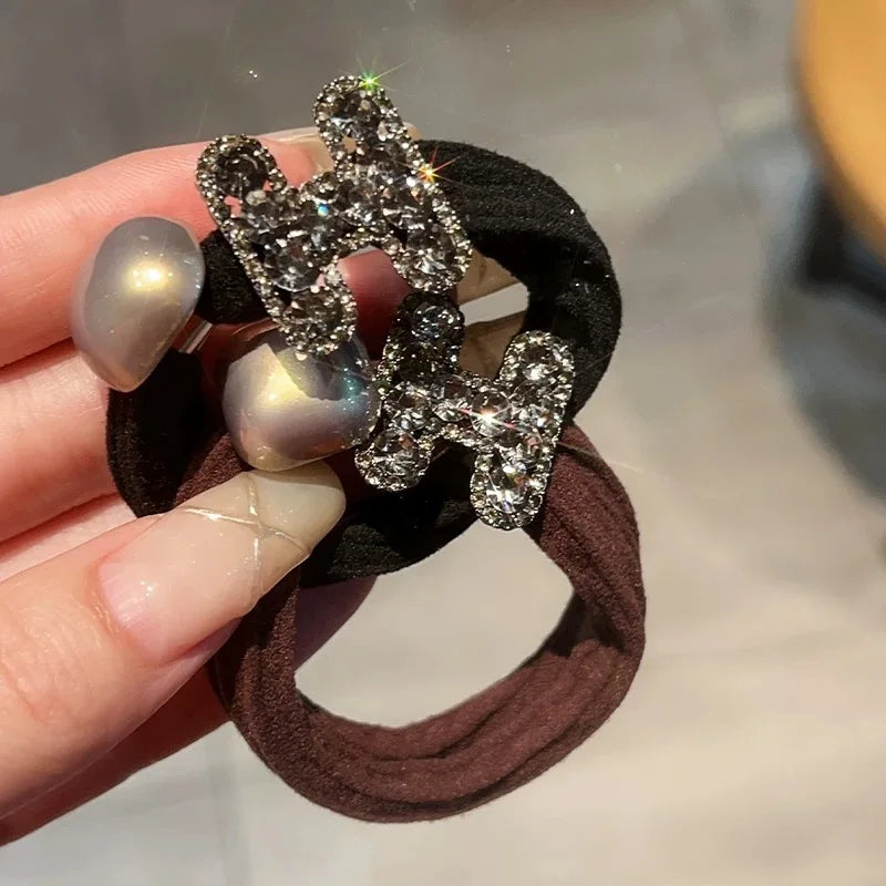 Luxury Full Diamond Letter H Hair Rope Non-slip Ponytail Hair Rubber Band High Elastics Hair Ties for Girl Accessories Headwear