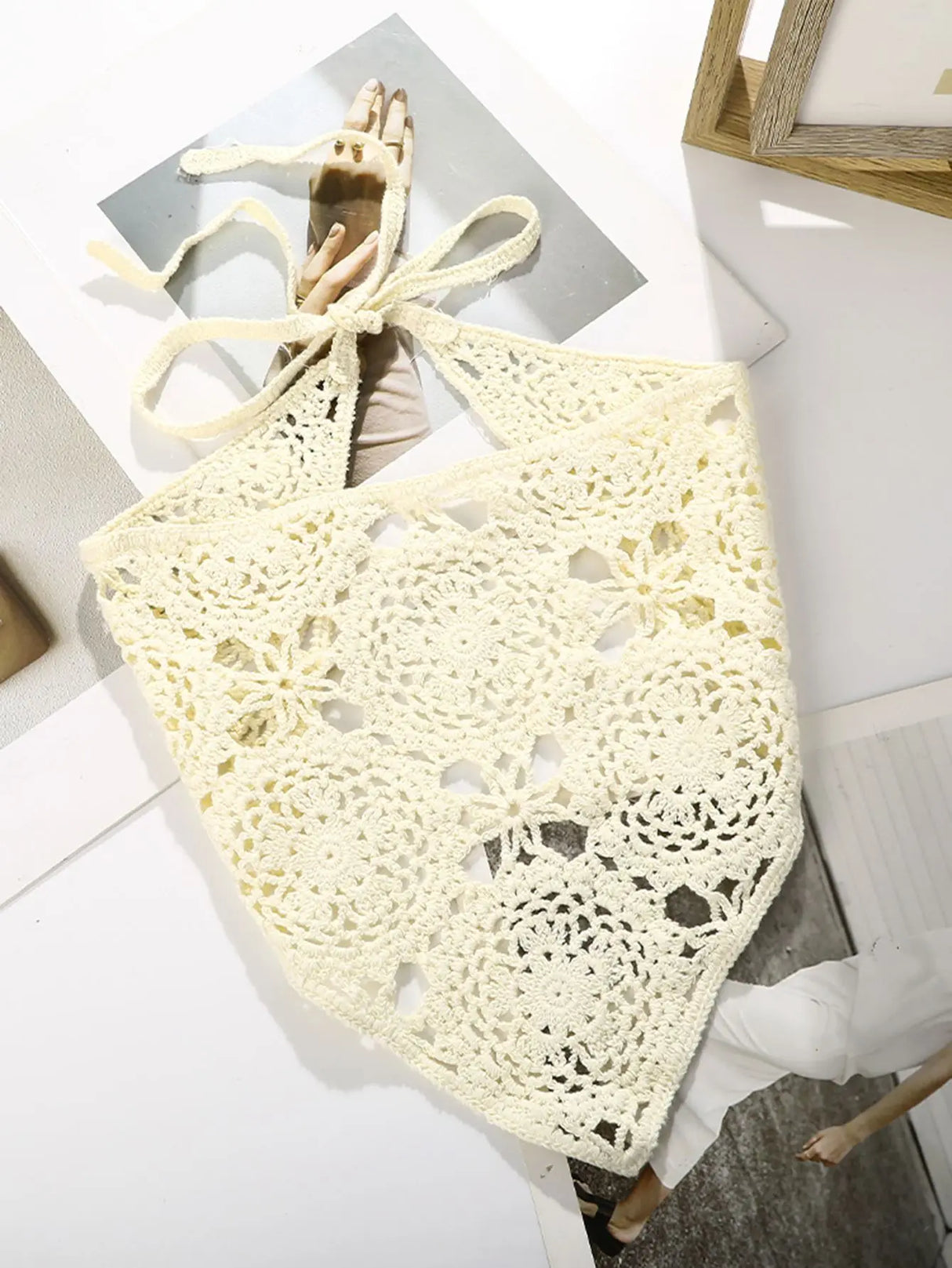Floral Hair Bandana Knitted Head Kerchief Women Bandana Handmade Crochet Hair Scarf Triangled Headband Headwear